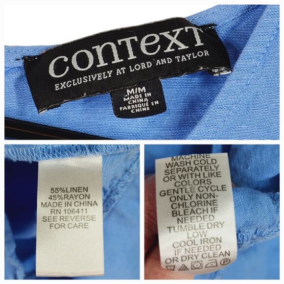 Context Linen Peplum Top Blouse sz M Women Blue Flutter Sleeves Cottage Coastal - Picture 11 of 13